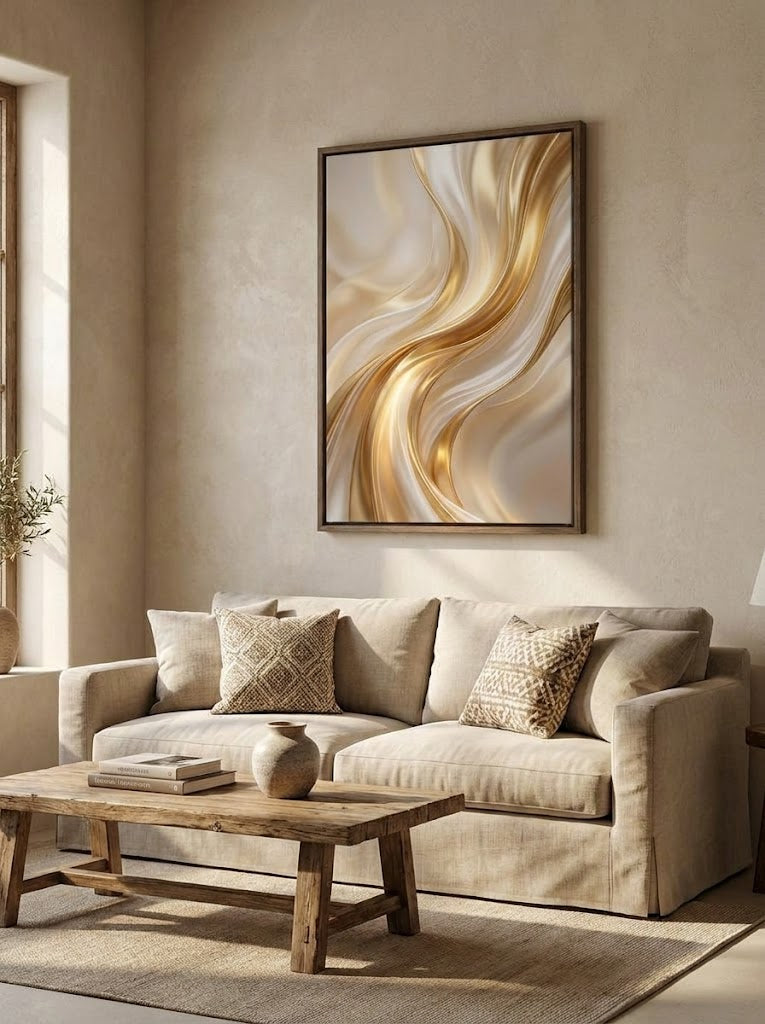Aerial view of Arabian desert sand dunes at golden sunset — luxury framed canvas wall art