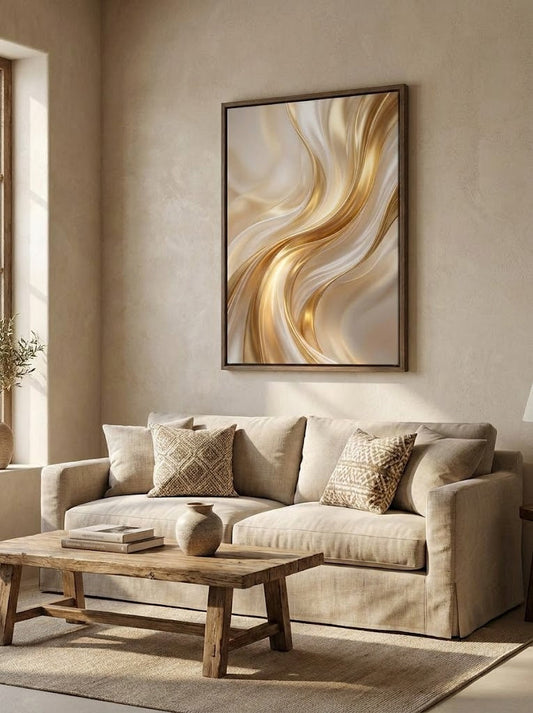 Aerial view of Arabian desert sand dunes at golden sunset — luxury framed canvas wall art