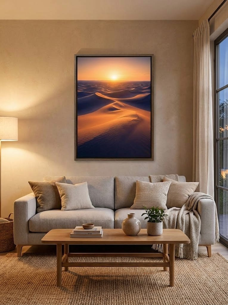 Desert dunes sunset canvas wall art displayed above beige sofa in warm UAE-inspired living room