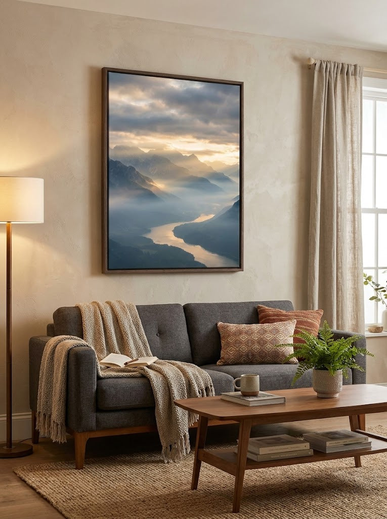 Valley of Light — Misty Mountain River Wall Art Print
